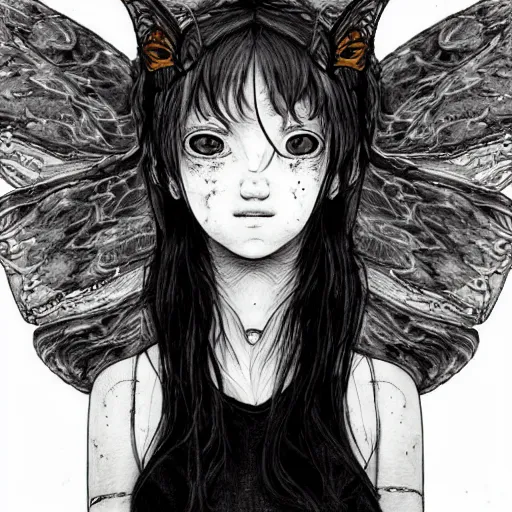 Image similar to portrait of a grungy fairy girl, wearing a hoodie and sweatpants, symmetrical wings, wings made of pizza, basic white background, symmetrical, watercolor, pen and ink, intricate line drawings, by Yoshitaka Amano, Ruan Jia, Kentaro Miura, Artgerm, detailed, trending on artstation, hd, masterpiece,