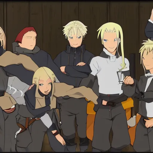 Image similar to young blonde boy fantasy thief in a tavern surrounded by friends, full metal alchemist, anime style