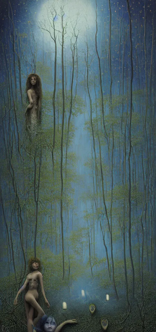 Image similar to painterly dreamy Kupala Night in the blue forest with trees which have eyes, giant flowers, glowing owls, deers, women, lianas, thistles, giant fantasy creatures, a stream and sky with moon and stars by Beksinski, Alex Grey, Aron Wiesenfeld and Giger dark fantasy, witcher, very detailed oil painting in the alla prima style, masterpiece, 8k