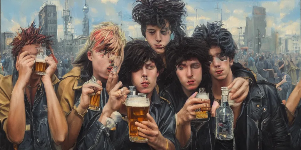 Image similar to beautiful oil matte portrait painting, 8 0 s punks sitting on the berlin wall drinking bottles of beer and listening to a boombox, wonderful masterpiece highly detailed, beautiful cinematic light deep focus, elegant, digital painting, smooth, sharp focus, golden ratio, dramatic illumination, ultra realistic, 8 k, art by jimmy law