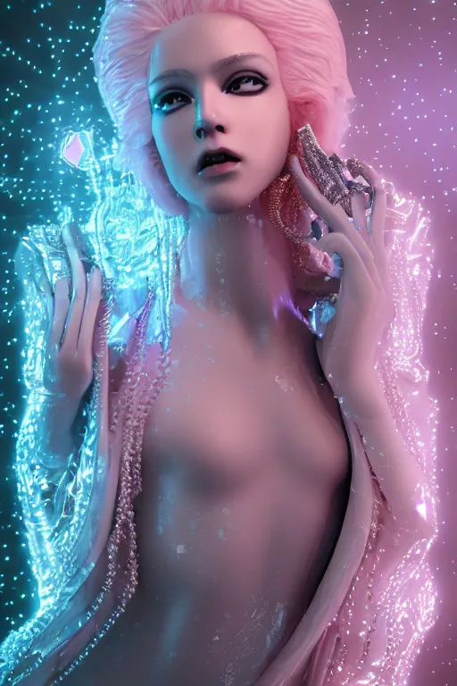 Image similar to hyper detailed ultra sharp portrait of baroque and bladerunner delicate glowing diamond sculpture of seductive muscular albino young king, pink diamond black metallic sphinx iridescent humanoid deity wearing black cloak holding a prismatic gem, glowing pink face, crown of white diamonds, cinematic lighting, photorealistic, octane render 8 k depth of field 3 d