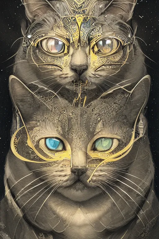 Image similar to geometric cat portrait, identical eyes, medium shot, fantasy, illustration, detailed line work, symmetrical, acid vintage color palette, artstation, hyper detailed, cinematic lighting, incredibly detailed and intricate, ornate, by peter mohrbacher