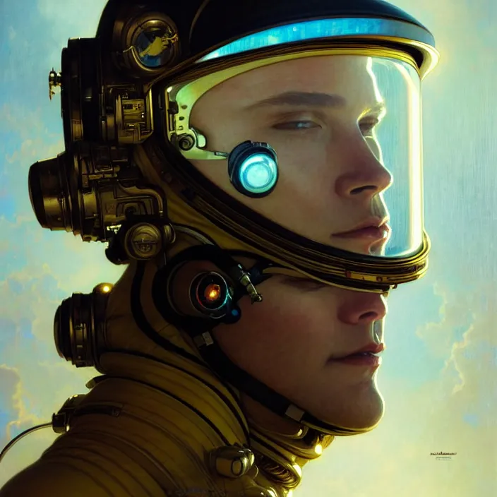 Image similar to astronaut with reflections on visor, diffuse lighting, fantasy, intricate, elegant, highly detailed, lifelike, photorealistic, digital painting, artstation, illustration, concept art, smooth, sharp focus, art by John Collier and Albert Aublet and Krenz Cushart and Artem Demura and Alphonse Mucha