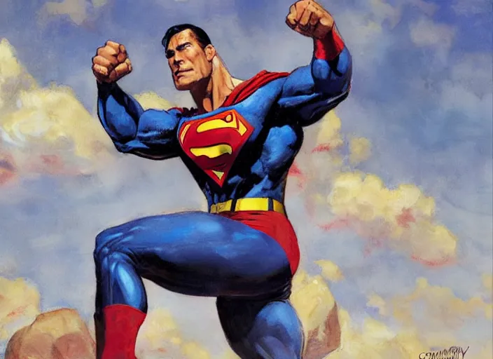 Prompt: a highly detailed beautiful portrait of the rock as superman, by gregory manchess, james gurney, james jean