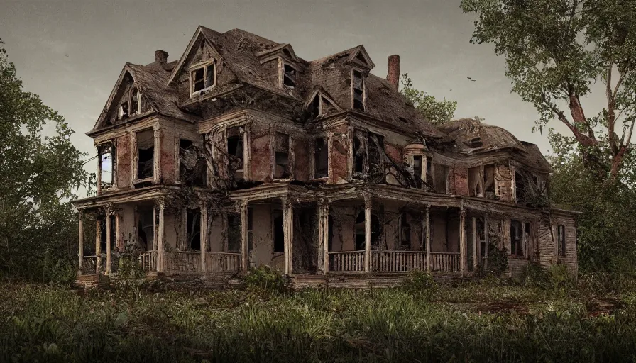 Image similar to old, ruined, abandoned American house, Victorian style, seen from outside and overgrown by plants. First light of day falls upon the building. Scary, horror, ghost story. Dirt, leaves on ground. Octane render. Substance painter. Zbrush. Trending on artstation. 8K. Highly detailed.