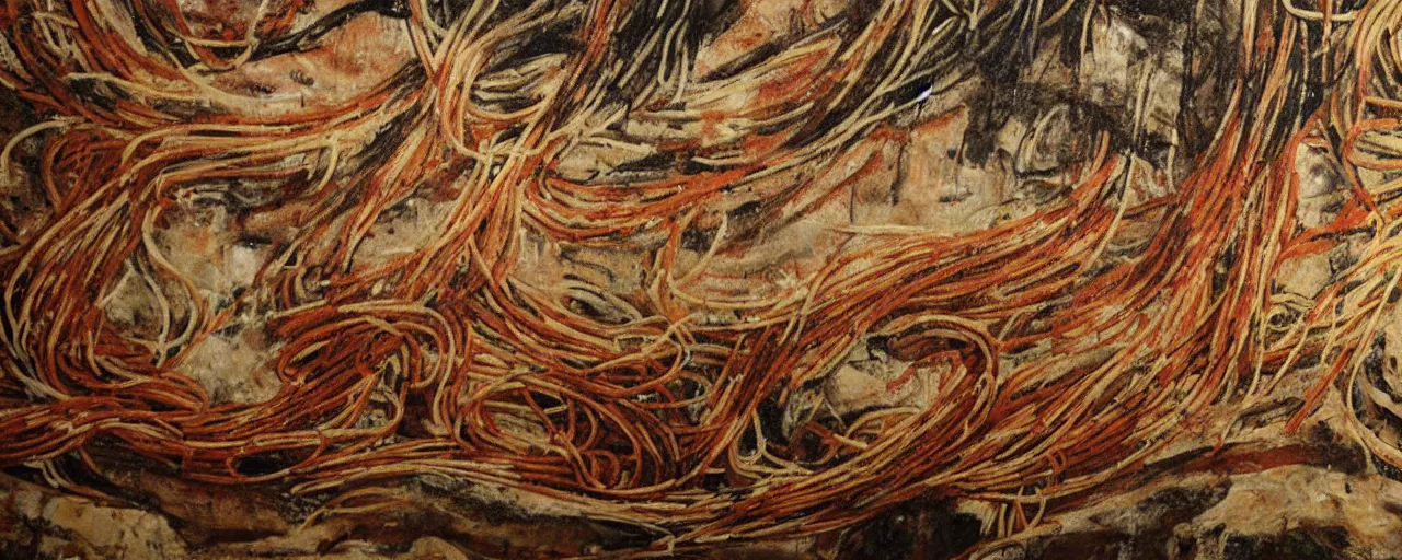 Image similar to wide shot spaghetti paintings on a cave wall, archaic, fine detail,