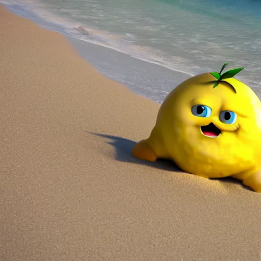 Image similar to happy lemon animated character enjoying relaxing sunny beach