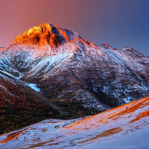 Prompt: a mountain made purely of copper, 4K, landscape photo, award winning