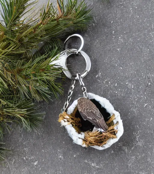 Image similar to realistic keychain of an eagle in the nest of a snowy pine tree