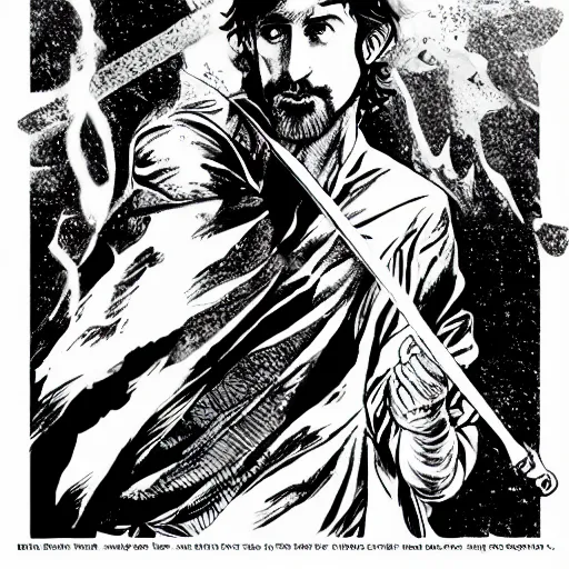 Prompt: pen and ink!!!! attractive 22 year old deus ex Frank Zappa x Ryan Gosling golden!!!! Vagabond!!!! floating magic swordsman!!!! glides through a beautiful!!!!!!! battlefield magic the gathering dramatic esoteric!!!!!! pen and ink!!!!! illustrated in high detail!!!!!!!! by Hiroya Oku!!!!!!!!! Written by Joseph Campbell graphic novel published on Cartoon Network MTG!!! 2049 award winning!!!! closeup facial portrait!!!!! action exposition villain!! reveal manga panel