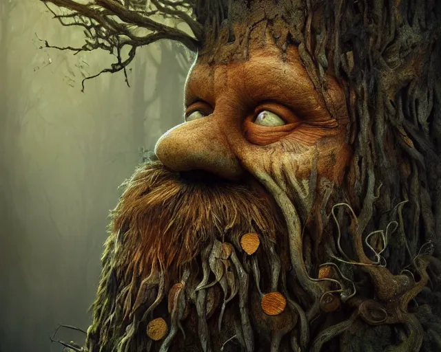 Image similar to a talking tree, a face in the bark, nose made of wood, eyes in the bark, fantasy concept art, big moustache, digital painting, oil painting, hyperrealistic, beautiful, treebeard, ent, magical, highly detailed, soft lighting, golden sunlight, very detailed eyes, artstation, cgsociety, in the forest, by alan lee, by artgerm