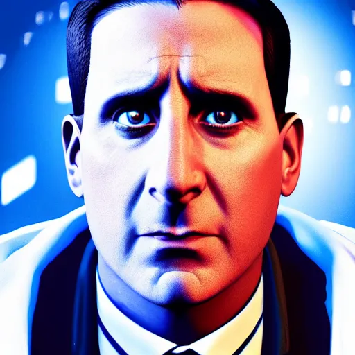 Prompt: cyberpunk Michael Scott from The Office, cibercity, vibrant, 70mm photography, realism artstyle, wide shot, dramatic lighting, hyperrealistic, high quality, highly detailed, artstation, HD, beautiful, cinematic, 8k, unreal engine, facial accuracy, symmetrical