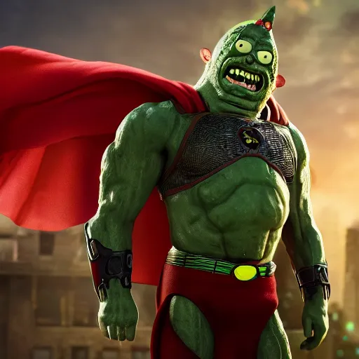 Image similar to pickle rick as superman! in gears of war, splash art, movie still, detailed face, photorealistic facial features, cinematic lighting, dramatic, octane render, long lens, shallow depth of field, bokeh, anamorphic lens flare, 8 k, hyper detailed, 3 5 mm film grain