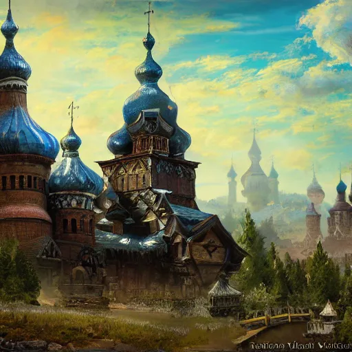 Image similar to photo beautiful magical ancient Slavic Russian city of Kitezh, fisheye lens, painting by Viktor Vasnetsov, concept art, magical city, fantasy cityscape, ancient Slavs, wooden buildings, ancient Russian architecture, terem, hyperborea, top cinematic lighting , cinematic mood, very detailed, 8k, high resolution, trending on artstation, artstationHD,