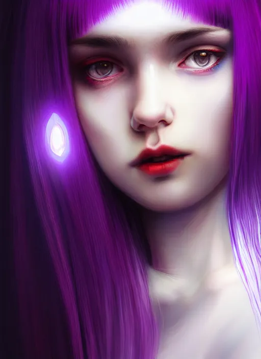 Image similar to hair whitebangs hair, black hair, whitebangs, portrait of teenage girl with white bangs, red irises, purple clothes, white bangs, bangs are different color from hair, intricate, elegant, glowing lights, highly detailed, digital painting, artstation, concept art, smooth, sharp focus, illustration, art by wlop, mars ravelo and greg rutkowski