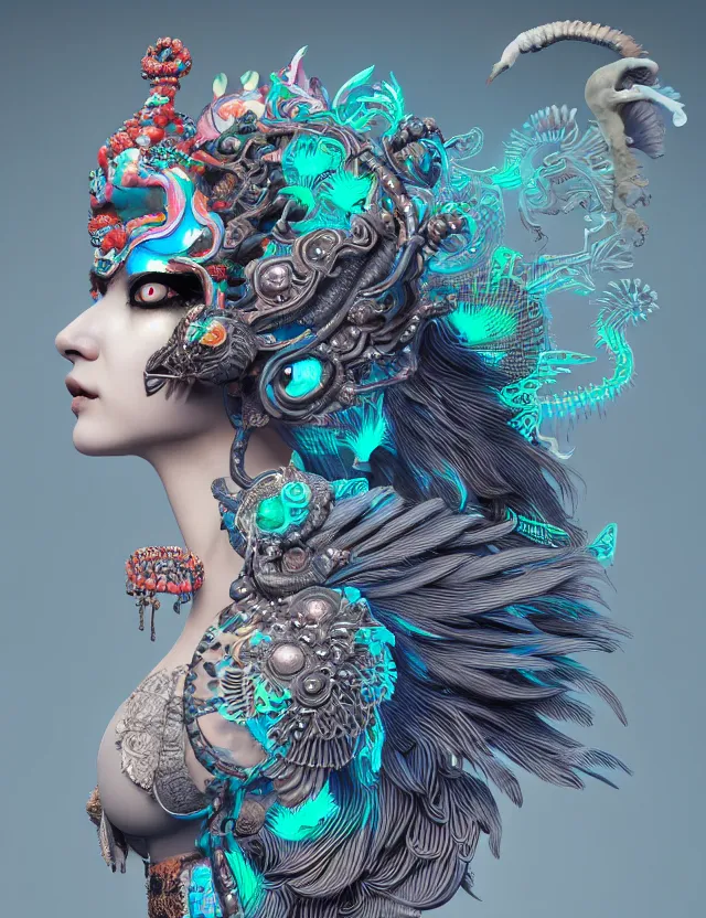 Image similar to 3 d goddess close - up profile portrait with crown, ram skull. beautiful intricately detailed neon japanese crow kitsune mask and clasical japanese kimono. betta fish, jellyfish phoenix, bio luminescent, plasma, ice, water, wind, creature, artwork by tooth wu and wlop and beeple and greg rutkowski