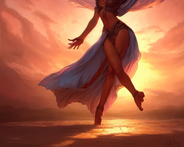 Image similar to woman dancing in extacy, sunset, deep focus,, fantasy, intricate, elegant, highly detailed, digital painting, artstation, concept art, matte, sharp focus, illustration, hearthstone, art by artgerm and greg rutkowski and alphonse mucha