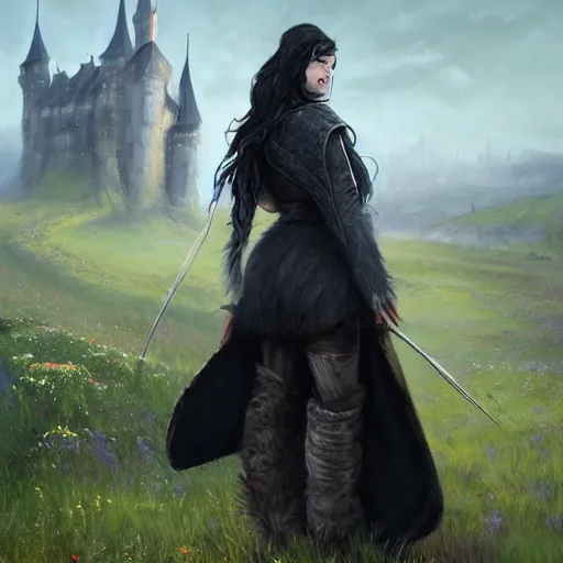 Prompt: a warrior girl with black wedge hairstyle wearing a long gray cloak with white fur collar and leather boots holding a crossbow standing in a meadow with medieval fantasy landscape with castle in the distance, shot from behind, fantasy art, digital art, by andreas rocha, trending on artstation, vibrant colors