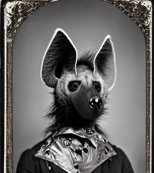 Prompt: professional studio photo portrait of anthro anthropomorphic spotted hyena head animal person fursona wearing elaborate pompous silver skull robes clothes by Louis Daguerre daguerreotype tintype