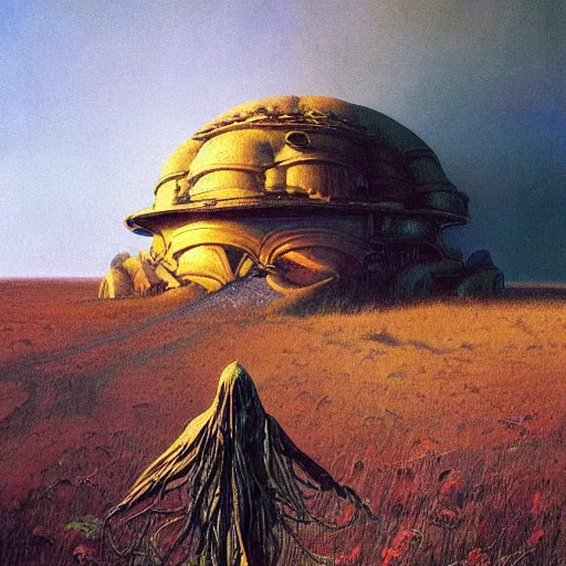 Prompt: the painted world of Bruce Pennington, head and shoulders masterpiece, apocalypse, golden hour, cosmic horror, artstation, in the style of Andrew Wyeth and Edward Hopper and Bosch, extremely detailed