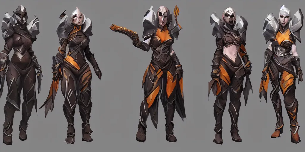 Image similar to three different views of a rogue armor set for dota 2, concept art by senior character artist, trending on artstation, artstation hd, full body
