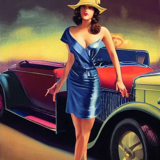 Prompt: 3 d fisheye, very low angle, wide angle, painting showing olivia munn in a short skirt, driving exaggerated 1 9 3 0 s car with woman driving, shiny, dramatic lighting, sultry, sensual, shiny, vargas, wlop, manara, mucha, moebius, elvgren, joshua middleton, clay mann, artgerm