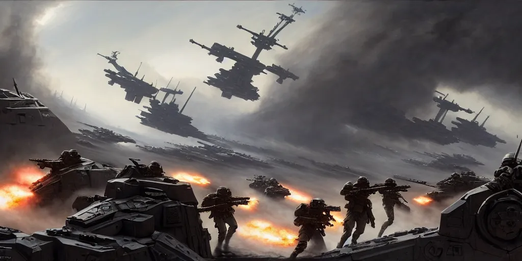 Prompt: hyper realistic sci - fi matte concept art painting of epic cinematic battle depicting soldiers deploying onto a battlefield from a drop ship, guns, missiles, explosions, beautiful details, strong composition painted by kim jung guweta studio rutkowski, james gurney and greg rutkowski, and lucasfilm, smooth, intricate, detailed, sharp focus, cinematic