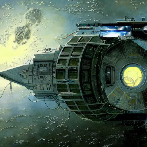 Prompt: abandoned space station, peter elson, tony roberts, jim burns, chris foss