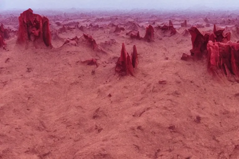 Image similar to purple hills made of liquid melted wax paper and red brutalist desert gothic cathedral