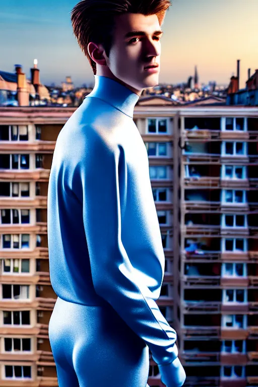 Image similar to un ultra high definition studio quality photographic art portrait of a young man standing on the rooftop of a british apartment building wearing soft padded silver pearlescent clothing. three point light. extremely detailed. golden ratio, ray tracing, volumetric light, shallow depth of field. set dressed.