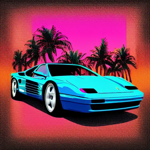 Image similar to digital art profile picture of a duck driving a ferrari testarossa under palm trees, vaporwave, trending on artstation, 4 k, highly detailed, simply great