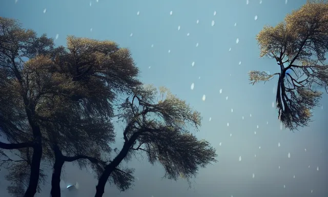 Image similar to panorama of big raindrops flying upwards into the perfect cloudless blue sky from a dried up river in a desolate land, dead trees, blue sky, hot and sunny highly-detailed, elegant, dramatic lighting, artstation, 4k, cinematic landscape, photograph by Elisabeth Gadd, National Geographic, weird weather phenomenon