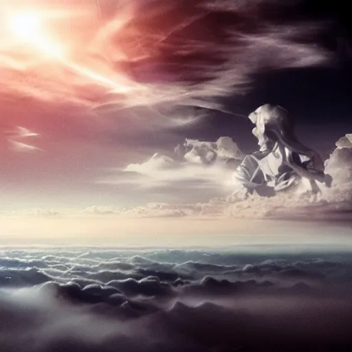 Prompt: an eternal being that lives above the clouds, realistic lighting, aerial view, creepy atmosphere