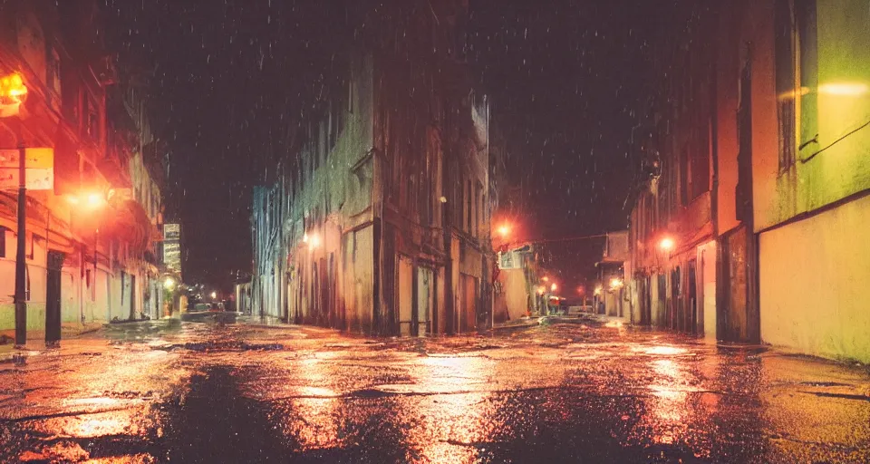 Image similar to a photo of an abandoned city street, wet streets, nighttime, technicolor film stock