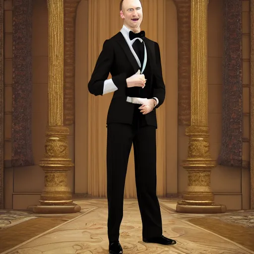 Prompt: photo realistic picture of fantasy butler that looks similar to michael kane, handsome, 4 k, oil painting filter, balding, well dressed, full body portrait, pet rat on shoulder