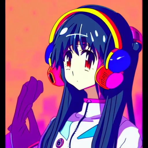 Image similar to An anime character's head wearing retro headphones. 90s anime, Sailor Moon, Neon Genesis, official art, flat cell shading, fantastic screenshot art, trending on artstation