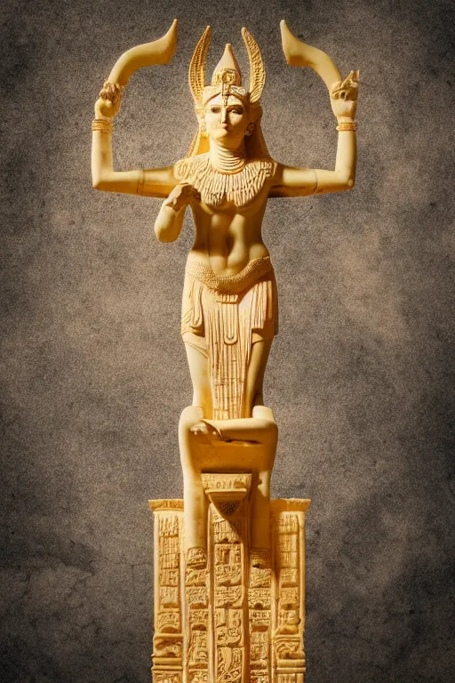 Image similar to photo of the ancient statue of extremely beautiful demon goddess from sumeria, marble and gold materials, symmetrical, cinematic, real dlsr photography, sharp focus, 4 k, ultra hd, sense of awe, archeology journal cover