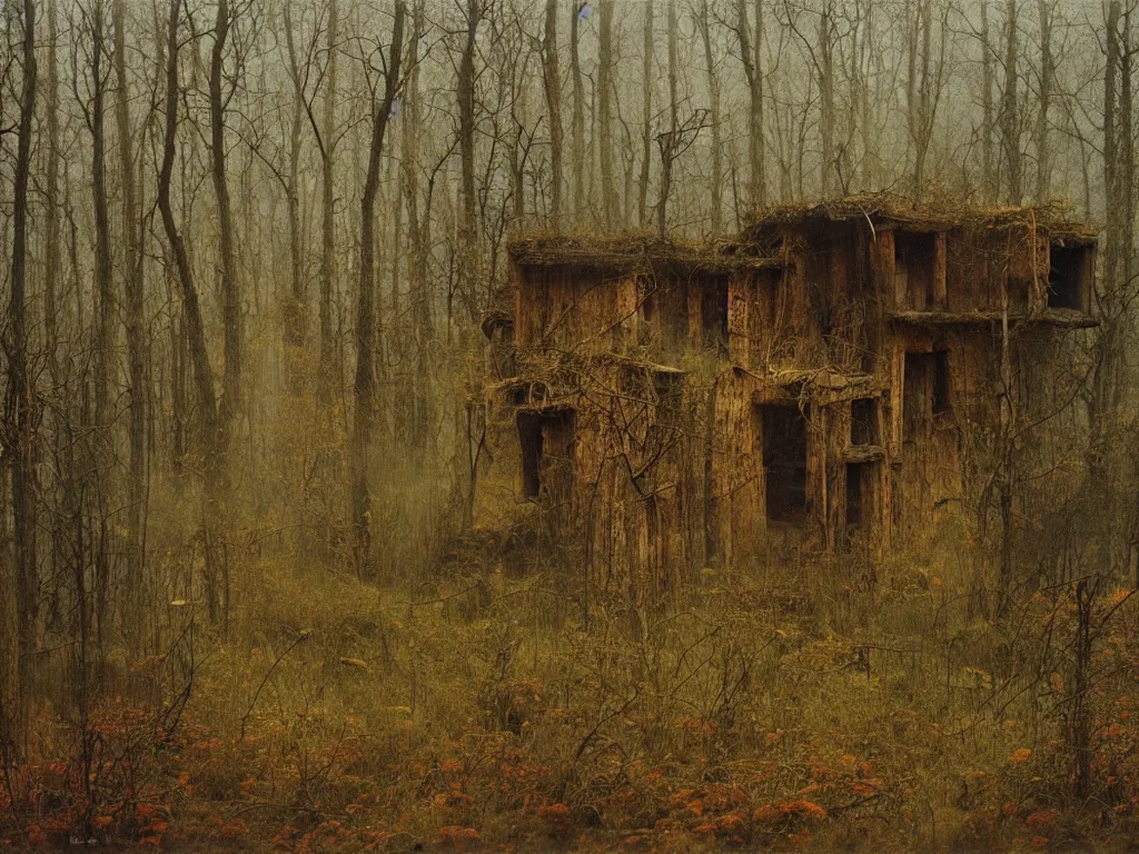 Prompt: abandoned wooden house in the woods, by zdzislaw beksinski, oil on canvas