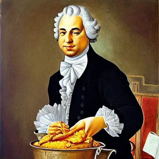 Image similar to oil painting of Louis XVI eating a bucket of KFC, oil on canevas, in the style of Botticelli
