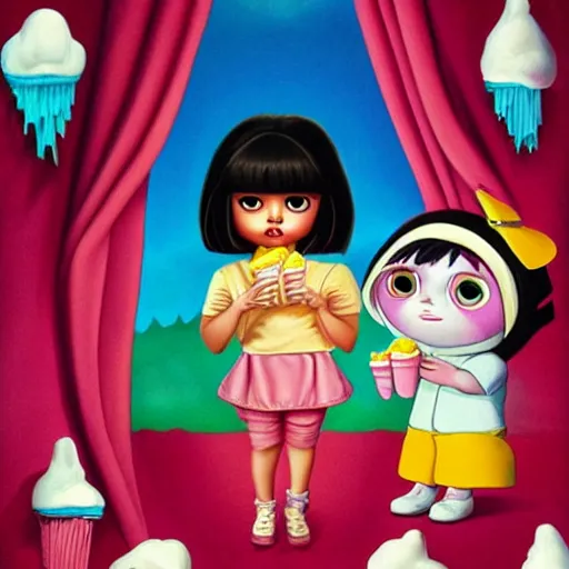 Image similar to dora the explorer as real girl holding ice cream, Pop Surrealism lowbrow style, creepy doll by Mark Ryden, artstation