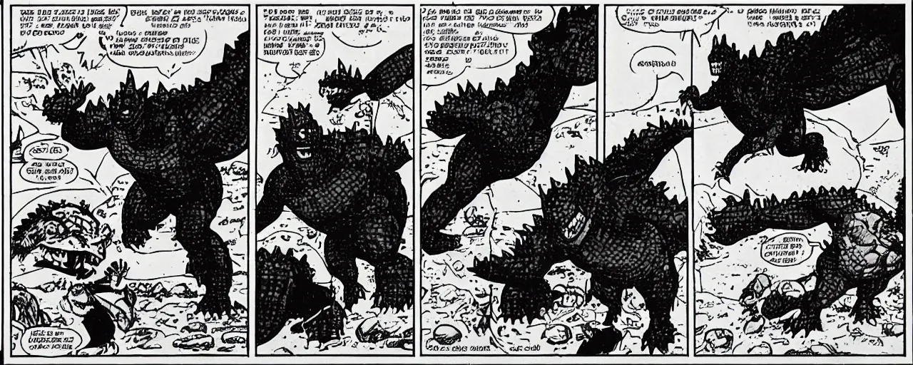 Image similar to godzilla slam dunking basketball on shaquille o'neil, marvel comic, 1 9 6 0's style, comic strip