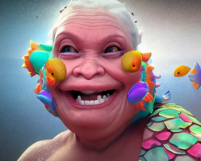 Prompt: of a very beautiful scene. ambient occlusion render. a sweet fat old woman is dancing with a huge colorful fish. hyper realistic. 4 k. wide angle. wild happiness. symmetrical face, red mouth, blue eyes. deep focus, lovely scene. ambient occlusion render. concept art. unreal engine.