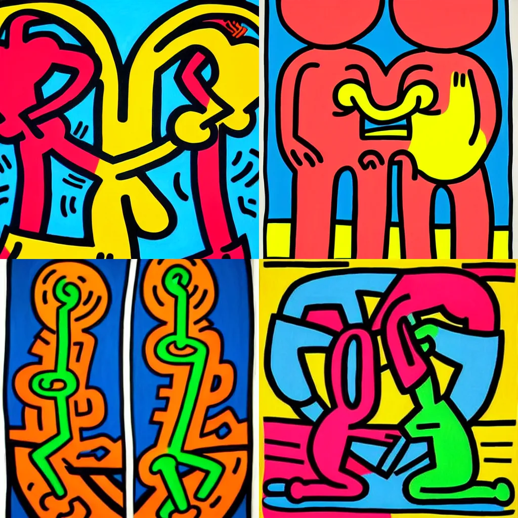 Prompt: a painting of two people wrapped up in a knot, a pop art painting by keith haring, featured on dribble, mingei, tarot card, logo, adafruit