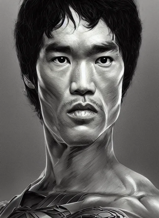 Image similar to Portrait of Bruce Lee, marvel comics, dark, intricate, highly detailed, smooth, artstation, digital illustration by Ruan Jia and Mandy Jurgens and Artgerm and Wayne Barlowe and Greg Rutkowski and Frank Frazetta