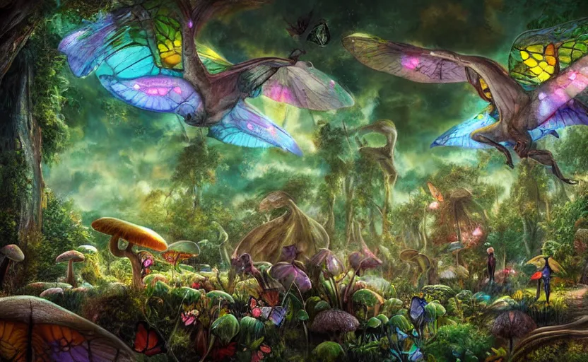 Prompt: a whimsical painting of fairies and butterflies with iridescent wings in a jurassic garden world with dinosaurs. giant mushrooms. night time. bioluminescent glow. dark atmosphere. high contrast. pulp - science fiction art. fantasy art. highly detailed. 4 k. trending on artstation