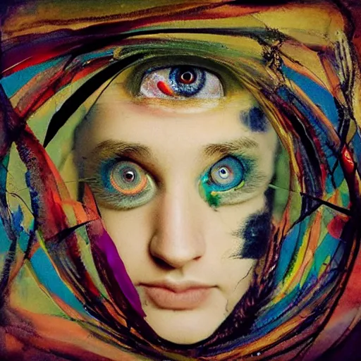 Image similar to A beautiful collage a large eye that is looking directly at the viewer. The eye is composed of a myriad of colors and patterns, and it is surrounded by smaller eyes. The smaller eyes appear to be in a state of hypnosis, and they are looking in different directions. by Norman Cornish, by Brooke Shaden playful