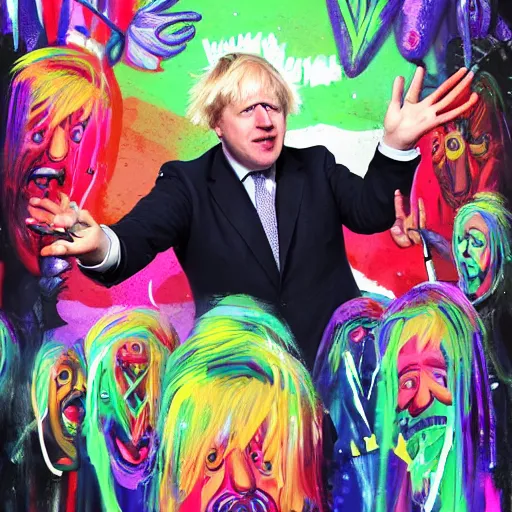 Prompt: Boris Johnson at a rave, jim’ll paint it