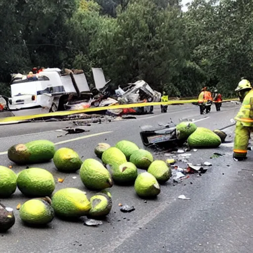 Image similar to photo of an avocado truck accident that overturned and spilled tons of avocados on the road, people walking around and picking up avocados from the road