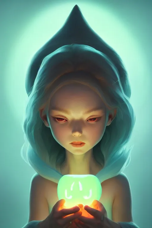Image similar to super cute Bioluminescent Demon summoner character concept, single head, no double head, soft light, soft mood, realistic body features and face, illustration, painting oil on canvas by Elena Zhurikhina and Goro Fujita and Charlie Bowater, octane render trending on artstation, 4k, 8k, HD