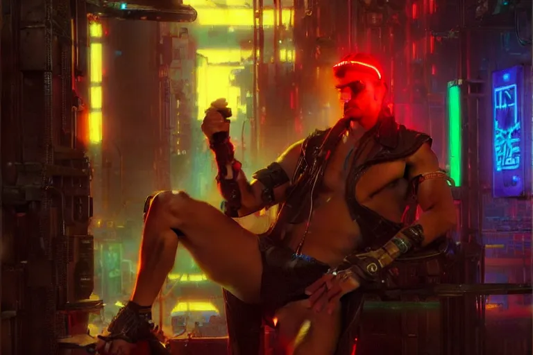 Image similar to cyberpunk style, attractive male, neon lights, painting by gaston bussiere, craig mullins, j. c. leyendecker, tom of finland